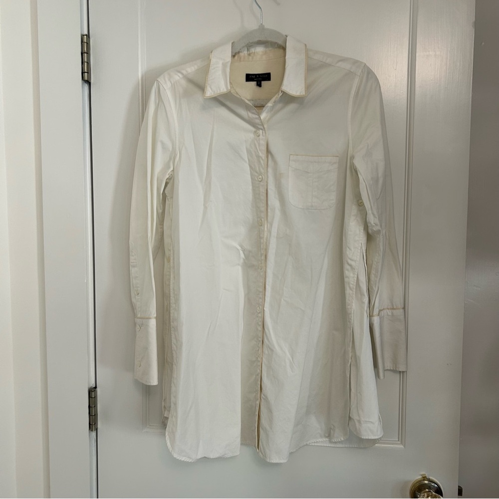 Rag & Bone White Cotton Silk Trim Button Down Shirt Size Small